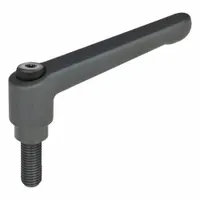 Teardrop-style adjustable handle with threaded stud. Features a zinc lever body with steel thread. M6 thread size with 16 mm thread length. Suitable for tool-free positioning and adjustment on industrial equipment such as machine guards, clamps, and adjustment mechanisms
