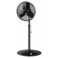 This Dayton pedestal fan is designed for industrial air circulation in workshops, warehouses, and factories. It features an 18-inch blade diameter, a single-phase 120V AC motor rated at 1/7 hp, and two speeds with oscillating operation to move air across large areas.