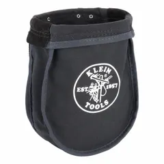 This black canvas tool pouch from KLEIN TOOLS features a single open-top pocket designed for carrying fasteners. It attaches to belts up to 3 inches wide using a snap loop closure. Suitable for electricians and maintenance technicians needing quick access to screws, nuts, and bolts while working on ladders or at height.