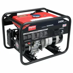 This gasoline-powered conventional generator delivers 2450 W running power and 4550 W starting power at 120V AC. It includes GFCI outlets for electrical safety. Suitable for providing backup power at job sites, outdoor events, or during power outages to operate tools, lights, and small appliances.
