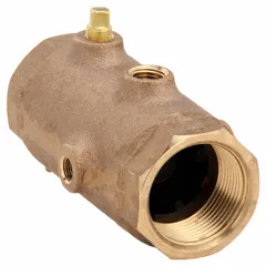 Inline poppet check valve with lead-free bronze body and FNPT female connections. Prevents backflow in piping systems carrying water or compatible fluids. Suitable for water supply, irrigation, and process piping applications.