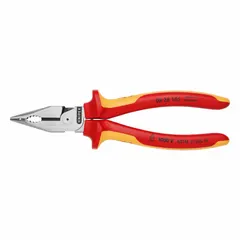 Serrated needle-nose pliers with 7 1/4 in overall length and 1/2 in max jaw opening. Insulated for electrical work. Features combination flat and curved jaw design with integrated wire cutter.