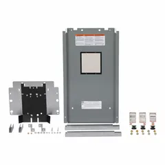 This 250 Amp, three-phase main breaker kit is designed for use with Square D J-Frame panelboards. It includes two rail extensions and is compatible with the JRL circuit breaker series. The kit has a 225A/J frame size and is used to add a main breaker in industrial electrical distribution systems.