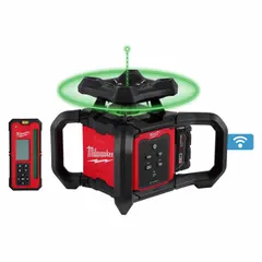 Green beam rotary laser level with electronic self-leveling, providing horizontal and vertical alignment. Features two dots and an accuracy of 1/8 in (Vertical) @ 100 ft. Powered by an 18V Lithium Ion battery (included). Includes receiver clamp and ONE-KEY Tracking and Tool Management. Suitable for layout tasks requiring precise level and plumb references.