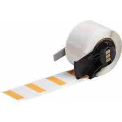 Orange matte vinyl wraparound label measuring 1 in x 1 in, designed for permanent identification of wires from 16 AWG to 8 AWG. Compatible with BMP61 printer series and requires M7-R4300 ribbon. Suitable for cable marking and panel identification in industrial settings.