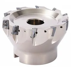 This 90-degree indexable face mill is designed for general-purpose face milling operations on steel, stainless steel, and cast iron. It produces square shoulders and smooth finishes in industrial machining applications such as automotive, aerospace, and heavy equipment manufacturing.