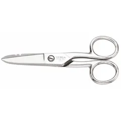 All-metal scissors with serrated, pointed steel blades. Overall length of 5 1/4 inches. Suitable for cutting cable and light-duty materials in electrical and maintenance applications.