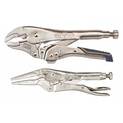 This 2-in-1 locking pliers set features a curved jaw design for gripping round or irregular surfaces. With a 7/8 in maximum jaw opening and 1-3/4 in jaw length, it is suited for clamping and turning fasteners in maintenance and fabrication tasks. The overall length adjusts from 6 in to 10 in.