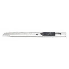 This 9mm snap-off knife features a plain straight blade with 13 segments and stores one blade internally. The metal construction has a black and silver finish. Used for cutting cardboard, drywall, plastic strapping, and other sheet materials in warehousing, construction, and packaging applications.