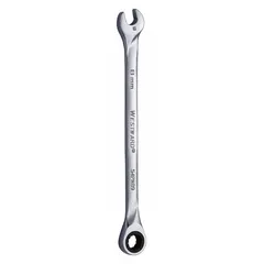 Alloy steel construction with a chrome finish. Features a 12-point ratcheting box end for faster fastener engagement without repositioning. Standard rounded head design. Overall length of 5 7/8 inches. Suitable for tightening or loosening 8 mm fasteners in automotive, machinery, and general assembly applications.