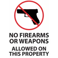 This 2-pack of adhesive-mounted signs displays a 'No Firearms or Weapons Allowed On This Property' message. Each sign measures 7 inches by 5 inches and is not retroreflective. Suitable for mounting on doors, windows, or walls in commercial or public facilities to communicate property policy