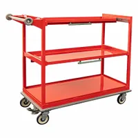 This corrosion-resistant utility cart features three flat red aluminum shelves, each measuring 25 in L x 45 in W, with a total load capacity of 800 lb. It is equipped with rigid casters and polyurethane wheels for smooth transport. Suitable for material handling in environments requiring corrosion resistance, such as clean rooms, food processing, and chemical handling areas