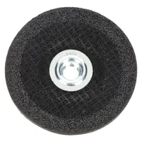 Depressed center grinding wheel for carbon and stainless steel. Type 27 design with 5" diameter, 1/4" thickness, and 5/8"-11 arbor hole. 24-grit zirconia alumina abrasive for material removal and blending in fabrication and maintenance tasks