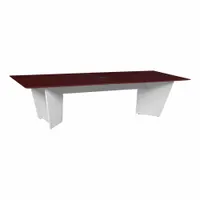 Rectangular conference table with laminate/melamine mahogany top and PVC edge banding. Traditional leg design. Overall length 120 inches, seats 10. Suitable for meeting rooms and boardrooms for team discussions and client presentations