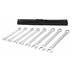 This 8-piece set of SAE 12-point combination wrenches is made of alloy steel with a satin finish. Each wrench features a 15° offset box end for improved clearance over obstructions. The set includes a pouch for organized storage. Typical applications include tightening and loosening SAE fasteners in automotive repair, machinery maintenance, and industrial assembly.