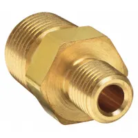 Threaded extreme-pressure instrumentation pipe fitting. Brass hex nipple with 3/8 in x 1/4 in thread size, 1 29/64 in length, rated for 4,000 psi maximum operating pressure. Used to connect or adapt brass piping in high-pressure hydraulic, pneumatic, and instrumentation systems