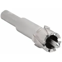 This MILWAUKEE annular cutter features a 15/16 in diameter, one-piece alternate-tooth carbide-tipped design with a bright finish. It includes a pilot pin and has a maximum cutting depth of 1/2 in. Used for cutting clean holes in metal, such as structural steel, plate, and pipe, in construction, fabrication, and maintenance applications.