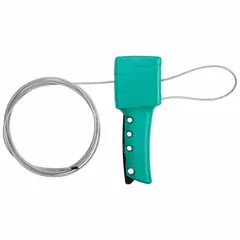 This squeeze-handle cable lockout includes an 8 ft steel cable with a clear polyvinyl chloride finish. The body is made of glass-filled nylon/plastic and the lockout is temperature resistant. It is used to isolate energy sources during maintenance by securing equipment in an off position, with the cable wrapping around multiple disconnect points.