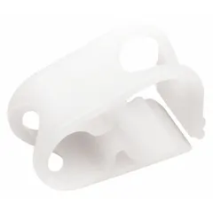 Plastic tubing clamp with an overall length of 1 1/2 inches. Used in laboratory settings to pinch or secure flexible tubing for controlling liquid or gas flow. The plastic construction resists corrosion from common lab chemicals.