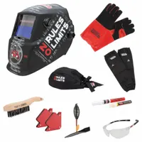 Black nylon auto-darkening welding helmet with a 3.82 x 1.73 in viewing area, 2 arc sensors, analog ADF controls, and ratchet suspension. Welding shades W7 through W13 with grind mode. Suitable for arc welding processes such as MIG, TIG, and stick welding in fabrication and maintenance