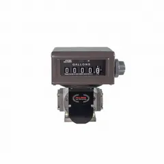 Mechanical-display flowmeter for fuel transfer pumps. Anodized aluminum housing measures flow in gallons with +/-0.5% accuracy. Suitable for tracking fuel volumes in industrial and commercial fueling operations.