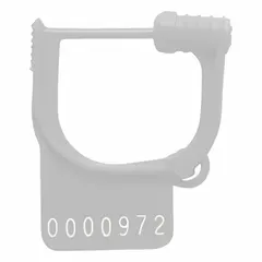 This plastic hasp padlock seal is made of white polypropylene with a 6 lb breaking strength and 29/50 in lock length. It features sequential letter marking reading 'Sealed'. Used to secure and indicate tampering on industrial containers, meters, and cabinets.