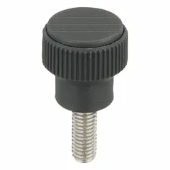 Knurled knob with threaded stud for manual adjustment and clamping on industrial machinery, jigs, and fixtures. Plastic body with stainless steel thread. M8 thread, 20 mm thread length, 26 mm diameter, gray color.