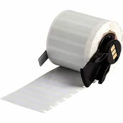 White gloss polyester precut label roll measuring 1 1/2 inches by 1/4 inch. Designed for use with the Brady M710 printer series when equipped with a Media Adapter. Suitable for industrial identification, cable marking, and component labeling applications.