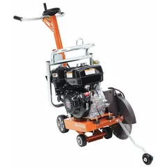 Wet-type, gasoline-powered walk-behind concrete saw with a 14 in blade diameter and maximum cutting depth of 4 5/8 in. Equipped with a pull-cord (recoil) start and a 4-cycle engine. Suitable for cutting concrete, asphalt, and masonry in flatwork, road repair, and trenching applications.