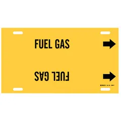 Yellow strap-on pipe marker with black 'Fuel Gas' legend and directional arrows. Fits pipe outer diameters from 6 to 7-7/8 inches. Used to identify fuel gas lines in industrial piping systems, supporting safety and compliance by indicating pipe contents and flow direction.