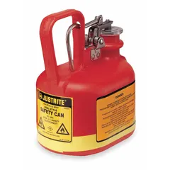 This JUSTRITE Type I Safety Can is a 1/2-gallon polyethylene container designed for the safe storage and dispensing of flammable liquids. The red color indicates its intended use with flammables. It is suitable for industrial maintenance, laboratory, and manufacturing environments where flammable materials are handled.