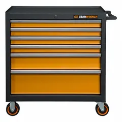 This rolling tool cabinet from GEARWRENCH features six drawers within a 6–9 drawer range, constructed from heavy-duty steel. It is designed for mobile storage in workshops, garages, and industrial facilities, providing organized space for hand tools, power tools, and accessories.