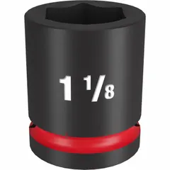 This 3/4" drive impact socket is designed for use with impact wrenches in heavy-duty fastening applications. It features a 1-1/8 in SAE hex size and a 6-point configuration to reduce fastener rounding. The black phosphate finish provides corrosion resistance.