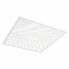 This square perforated diffuser is designed for ceiling lay-in installation in standard drop ceilings. It distributes conditioned air evenly in commercial HVAC systems. The white plastic construction provides a clean appearance. Non-insulated, without adjustable blades.