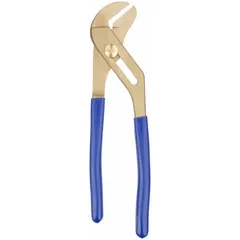 Non-sparking flat-jaw pliers with groove joint design, featuring 6 jaw positions and a maximum jaw opening of 1 1/2 in. Suitable for use in hazardous environments where spark prevention is critical, such as areas with flammable gases or dusts.
