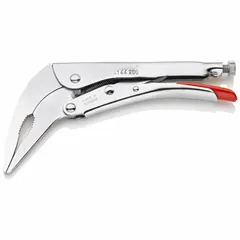 These angled long-nose locking pliers feature a lever-type mechanism and a jaw length of 3 3/4 in with a maximum opening of 1 7/8 in. The 8 in overall length and angled jaw design provide access in confined spaces for gripping, clamping, and bending tasks. Suitable for general maintenance, electrical work, and machining applications.