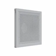 This lay-in grille is designed for ceiling mounting in HVAC air distribution and return applications. It features a white smooth plastic construction with a fire rating and integrated filter grille. Dimensions: 23 3/4 in height, 23 3/4 in width, 7 in depth.