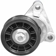 Self-adjusting belt tensioner for vehicle accessory drive systems. Features a single pulley with a 3 in outside diameter to automatically maintain proper belt tension, reducing slippage and noise. Suitable for engine accessory drive belt applications.