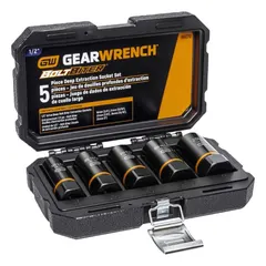 This 5-piece bolt extraction impact socket set is designed for removing damaged or rounded bolts and fasteners using impact tools. The set includes sockets ranging from 3/4 in/19 mm to 1 in/25 mm, with a 1/2 in drive size. Suitable for automotive repair, heavy equipment maintenance, and industrial applications where standard sockets cannot grip worn bolt heads.
