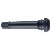 Snap-in tire valve stem with straight shape and 180° stem angle. Made of black rubber with 0.305-32 thread size. Complies with TR423 standards. Suitable for hand trucks and other small-wheeled equipment requiring standard bore valve size