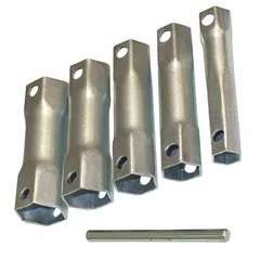 This five-piece socket set includes steel sockets ranging from 27/32 in to 1 7/16 in, with a 31/32 in socket included. Designed for water heater and plumbing applications, it is used to tighten or loosen fittings and nuts. The set features a bar handle wire for convenient storage.