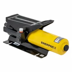 Air-operated hydraulic pump unit for workholding applications such as clamping and positioning. Delivers up to 5,000 psi operating pressure with a 37 cu in reservoir. Features a 2-position retract function and can be actuated by hand or foot.