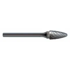 Double-cut ball-nosed tree bur with 1/4" head diameter and 5/8" cutting length. SF-1 trade number. 1/4" shank. Used for material removal, shaping, and deburring on ferrous and non-ferrous metals.