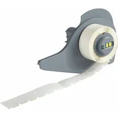 Precut label roll with 13/32 in x 13/32 in polyester labels, white gloss finish. Compatible with BMP71 printer series. Used for wire marking, component labeling, and asset tagging.