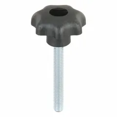 Plastic knob with steel threaded stud, M6 thread, 45 mm thread length, 32 mm diameter. Seven-arm design for ergonomic manual clamping, positioning, and adjustment on industrial machinery, jigs, and fixtures.