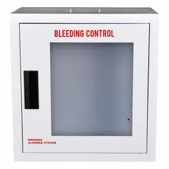 White metal wall-mount enclosure for storing first aid supplies. Features a clasp closure and is not lockable. Measures 16 inches wide, 8 3/4 inches high, and 8 3/8 inches deep. Not water resistant; mounting hardware not included.