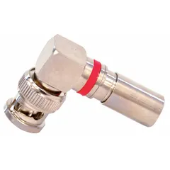 This BNC coaxial connector features a right-angle male design with gold-plated center contact and nickel-plated body. It uses compression termination for secure, solderless connections. Suitable for RF signal transmission in telecommunications, broadcast, and networking equipment. Sold in a pack of 10.