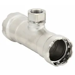 This stainless steel press tee fitting creates a branch connection in piping systems. It has a 2 in pipe x 2 in pipe x 1 in pipe size and an FKM (Viton) seal for resistance to high temperatures and chemicals. Suitable for commercial plumbing, HVAC, and industrial process lines.