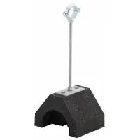 Zinc-plated steel support block with split-ring clamp and rubber base measuring 4.8 in L x 6 in W. Overall length 4.8 in, load capacity 50 lb. Used for securing and cushioning pipes in industrial piping systems, reducing vibration and protecting mounting surfaces