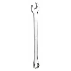 This SAE 12-point combination wrench is constructed from alloy steel with a chrome finish. It features a 1-7/16 in head size and an offset design, suited for accessing recessed fasteners in mechanical assembly and maintenance tasks.